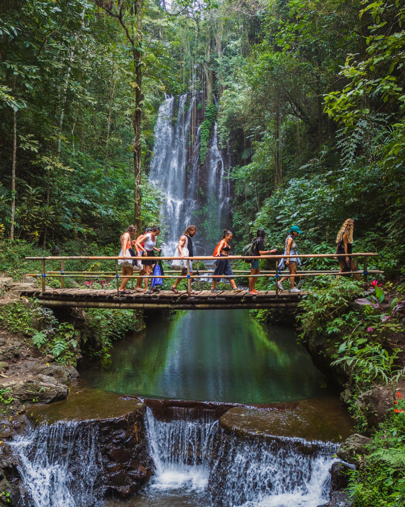 Puente frente a una cascada en la selva de Munduk